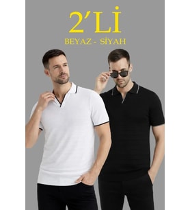 Erkek 2’li Paket Triko Yakalı Düğmesiz Açık Yaka Fitilli Kısa Kollu Regular Fit Tişört - Beyaz - Siyah