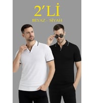 Erkek 2’li Paket Triko Yakalı Düğmesiz Açık Yaka Fitilli Kısa Kollu Regular Fit Tişört - Beyaz - Siyah