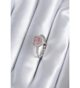 Pilelistore  Pirinç Gümüş Renk Pembe Zirkon Taş Kalp Charm Model Kadın Yüzük