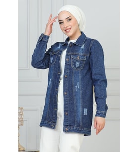 Cebi Lazer Detaylı Kot Ceket Koyu Mavi 6095