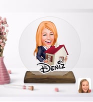 BK Gift Kişiye Özel Kadın Emlakçı Karikatürlü Yuvarlak Ahşap Standlı Biblo-1