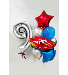 9 Yaş Şimşek Araba Temalı Balon Seti 76cm Gümüş Rakam Balonlu Yıldızlı Set