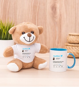 Kişiye Özel Twitter Tasarım Fotoğraflı Peluş Ayı ve Mavi Kupa