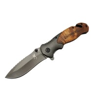 Browning X50 Kahverengi Kurtarma / Kamp Çakısı 20,5cm- Yarı Otomatik, Kemerlikli, Ahşap Sap, Cam Kırma ve İp Kesme Aparatlı