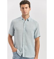 Koyu Lacivert Kısa Kollu Düğmeli Yaka Biyeli Keten Casual Slim Fit Dar Kesim Gömlek 1004240242