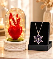 Led Işıklı Kırmızı Kalpli Fanus ve Gerçek Ametist Taşlı Lotus Kolye Sevgiliye Kadına Anneye Hediye
