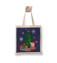 Peppa Pig Around The Christmas Tree Yılbaşı Beyaz Bez Çanta Uzun Saplı Alışveriş Çantası