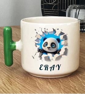 Kişiye Özel 3D Efektli Panda Hediye T Kupa Bardak İsimli İsim Yazılı (Yeşil)