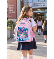 Kız Çocuk İlkokul Sırt Çantası Pembe Kedi Desenli Ortopedik 3 Bölmeli Matara Cepli 42x30x15 cm