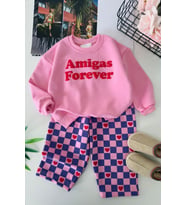 Kalp Forever Baskılı Dama Desenli Kız Çocuk 2’li Takım - Pembe