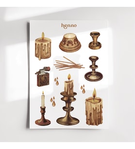 Vintage Şamdan ve Mum Temalı Sticker Seti (1 adet A6)  Ajanda, Defter, Planlayıcı Çıkartma Sticker (Çok Renkli)