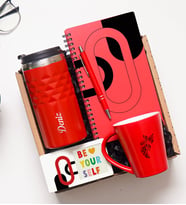 Kişiye Özel Hediye Seti – Kırmızı Çelik Kupa 300 ml, Kupa Bardak, Defter, Kalem ve Panoramik Fotoğraf Çerçevesi