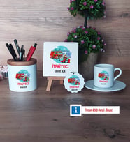 İtfaiyeci Hediye Seti Dekoratif Taş, Kalemlik, Ahşap Altlıklı Türk Kahvesi Fincanı, Ahşap Anahtarlık Hediye (Model 2)