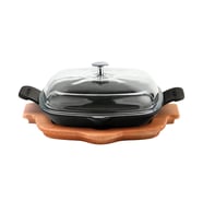 Lava Döküm Kızartma Tavası Cam Kapak Kayın Servis Ahşabı Döküm Demir Yekpare Çift Kulplu Ölçü 26x26cm.