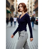 Kadın Fitted Kruvaze Yaka Bağcıklı Triko Üst Modern Günlük Kombinler İçin Şık Ve Rahat Seçim
