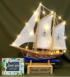 Sizlere Özel Tasarım Led Işıklı Büyük Boy Ahşap Gemi Hediyesi Doğal El Yapımı (Model 7)