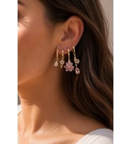 316L Çelik Gold Renk Pembe Zirkon Taşlı Lotus Detaylı Kadın Küpe Seti