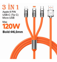 3'ü 1 Arada 120W Destekli Hızlı Şarj Kablosu – Type-C, iPhone, Micro USB