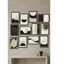 12 Parça Modern Soyut Geometrik 2 Renk Seçenekli Dekoratif Çerçeve Görünümlü Tablo Seti