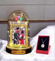 Kişiye Özel Tasarım Led Işıklı Fanus  Papatya Kolyeli YENİ İŞİNDE BAŞARILAR Temalı