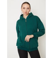 Kadın Ön Fermuarlı Kapşonlu Sweatshirt Hırka-Zümrüt Yeşil (Renksiz)