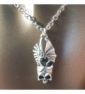 Orora Gümüş Renk Gotik Fairygrunge Kanatlı Kuru Kafa-İskelet Figürlü 60cm Kolye