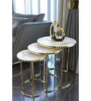 3' Lü Beyaz Sarı Mermer Gold Metal Sehpa