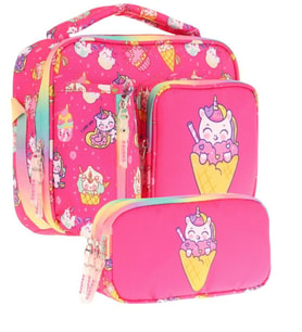 Kaukko Kids Kız Çocuk Kırmızı Dondurma Desenli Üç Bölmeli Thermo Beslenme Çantası ve Kalemlik Seti (L7227+L8227)