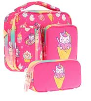 Kaukko Kids Kız Çocuk Kırmızı Dondurma Desenli Üç Bölmeli Thermo Beslenme Çantası ve Kalemlik Seti (L7227+L8227)