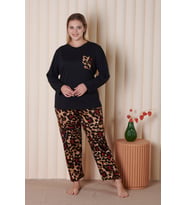 MyBen Büyük Beden Siyah Renkli Leopar Bordo Desenli Cepli Uzun Kollu Battal Pijama Takımı B-2