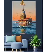 Kız Kulesi deniz günbatımı Dekoratif Kanvas - Mdf Ahşap Tablo