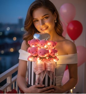 LED Işıklı Silindir Şık Kalpli Pembe Kutuda Kalpli Balonlu 6’lı Fuşya Ayıcık Buketi Kıza Sevgiliye Hediye