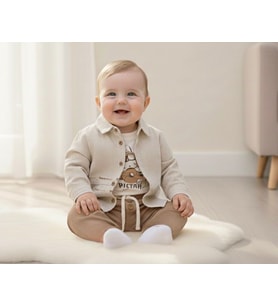 Pilot Tavşan Baskılı Müslin Kumaş Bebek Erkek Üçlü Takım Set Babyhola (Kahverengi)