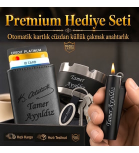 Hemen Kargo Sevgiliye Eşe Babaya Arkadaşa Hediye Seti - Kemal Atatürk İmza Logolu Mekanizmalı Otomatik Kartlık Cüzdan Clipper Çakmak Küllük ve Anahtarlık