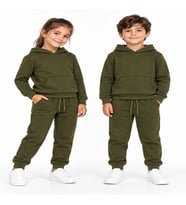 Unisex Kız Erkek Çocuk Haki 3 İplik Kapüşonlu Kanguru Cepli Eşofman Takımı