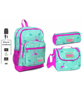 Coral High USB ve AUX Çıkışlı Okul Çanta Seti - Kız Çocuk - Yeşil Flamingo Baskılı
