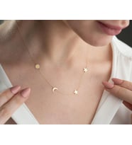 Kişiye Özel 925 Ayar Gümüş Tasarım Hilal ve Yıldız Çoklu Kolye (Gold)