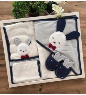 Erkek Bebek Lacivert Tavşanlı Havlu Bornoz Takımı Set 0-2 Yaş ST1020 (Standart)