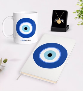 BK Gift Kişiye Özel Nazar Temalı Beyaz Defter Kupa ve Açılan Nazar Kolye Hediye Seti (Model 1)