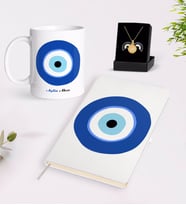 BK Gift Kişiye Özel Nazar Temalı Beyaz Defter Kupa ve Açılan Nazar Kolye Hediye Seti (Model 1)