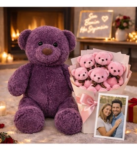 Mor Peluş Ayıcık + Ayıcık Buketi + Fotoğraf Sevgiliye Unutulmaz Hediye