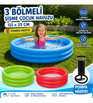 3 Bölmeli Şişme Çocuk Havuzu 122x25 CM Dayanıklı Bahçe ve Balkon Havuzu El Pompası Hediyeli