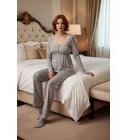 Kadın Melanj Uzun Kollu Pijama Takımı Kare Yaka Fonksiyonel Dayanıklı Kaliteli Konforlu Şık