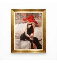 Tablore Gold Çerçeveli Kırmızı Şapkalı Kadın Yağlı Boya Efektli Kanvas Duvar Tablosu Modern Sanat