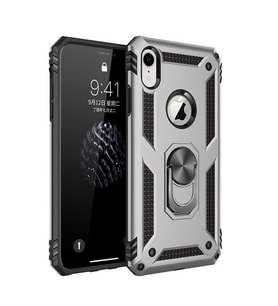 Apple iPhone XR Kılıf Metal For Car Yüzüklü Standlı Military Ring Serisi (Gümüş)