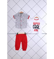 Babyhola Kısa Kol Gömlek Tshirt Pantolon Erkek Çocuk Takım 3'lü 1150 (Kırmızı)