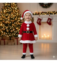 2–3 Yaş Kız Çocuk Noel Baba Kostümü – Şapkalı ve Kemerli Yılbaşı Elbise Seti