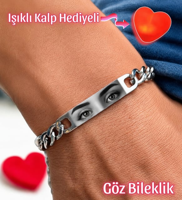 Göz Bileklik Kişiye Özel Baskı, Kaliteli Baskı, Işıklı Kalp Hediyeli, Çeliktir, Paslanmaz, Kararmaz