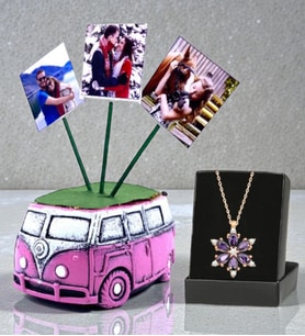 Kişiye Özel Hediye Seti Gerçek Ametist Taşlı Lotus Kolye ve 3 Fotoğraflı Vosvos Saksı Hediye Seti (Model 1)