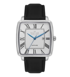 Nacar NC34-29B689-AWL1 Safir Camlı Klasik Tasarım Deri Kordonlu Siyah Erkek Kol Saati